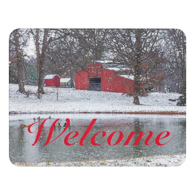 Red Barn In Snow Painterly Welcome Door Sign (Contemporary Front)