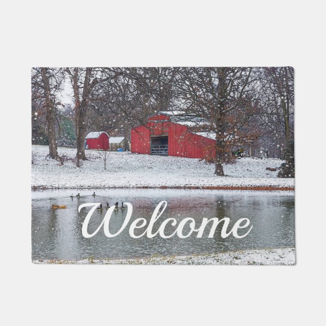 Red Barn In Snow Painterly Welcome Doormat (Front)