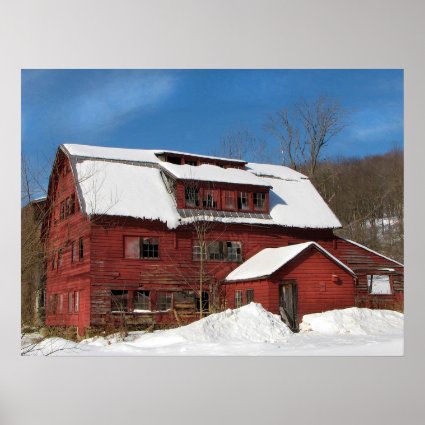 Red Barn in Snow with Blue Sky Poster