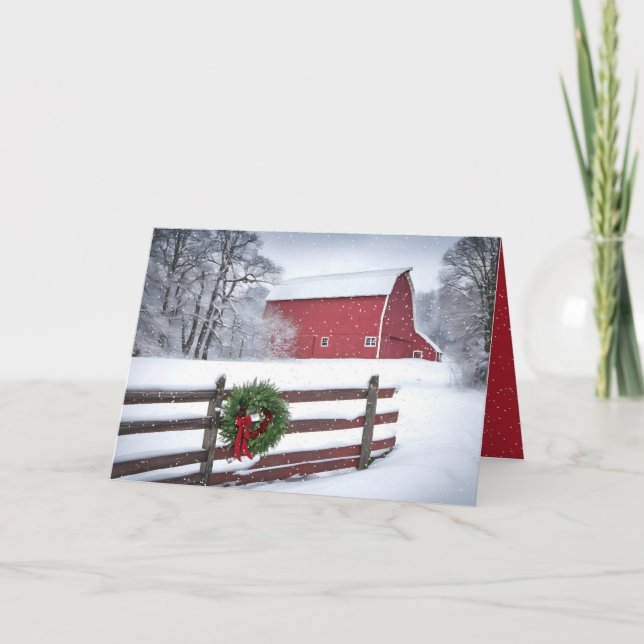 Red Barn In Snowflakes With Wreath Holiday Card (Front)