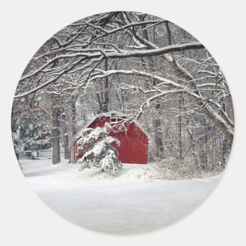 Red Barn in the Snow 2011 Classic Round Sticker