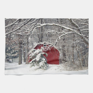 Red Barn in the Snow 2011 Kitchen Towel