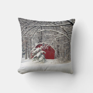 Red Barn in the Snow 2011 Throw Pillow