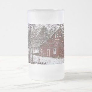 Red Barn In The Snow Frosted Glass Beer Mug