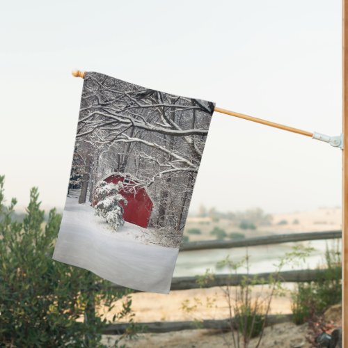 Red Barn in the Snow House Flag