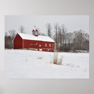 Red Barn in the Snow Poster