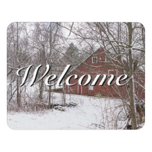 Red Barn In The Snow Welcome Door Sign
