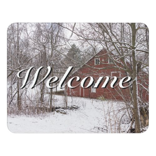 Red Barn In The Snow Welcome Door Sign