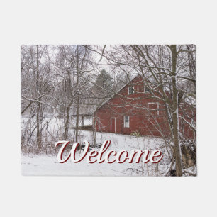 Red Barn In The Snow Welcome Doormat