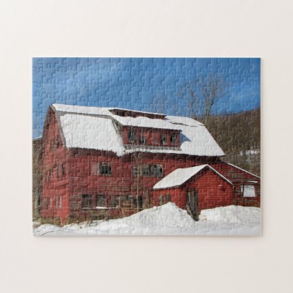 Red Barn in the Snow with Blue Sky Puzzle