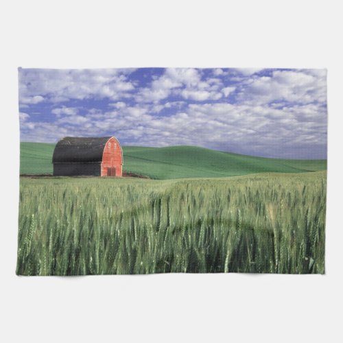 Red barn in wheat  barley field in Whitman 2 Towel