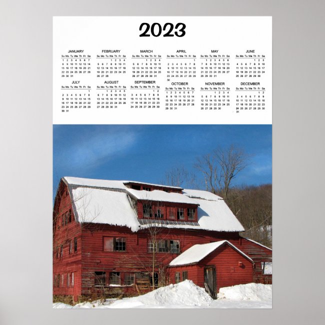 Red Barn in Winter 2023 Calendar Poster