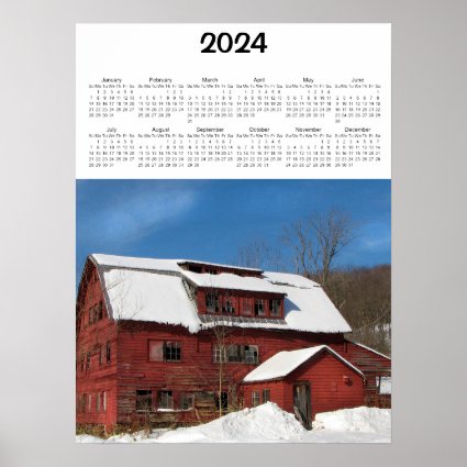 Red Barn in Winter 2024 Calendar Poster
