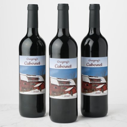 Red Barn in Winter Snow Wine Labels