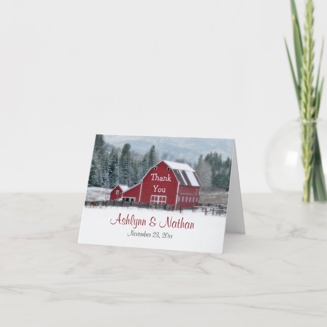 Red Barn in Winter Thank You Card (Front)