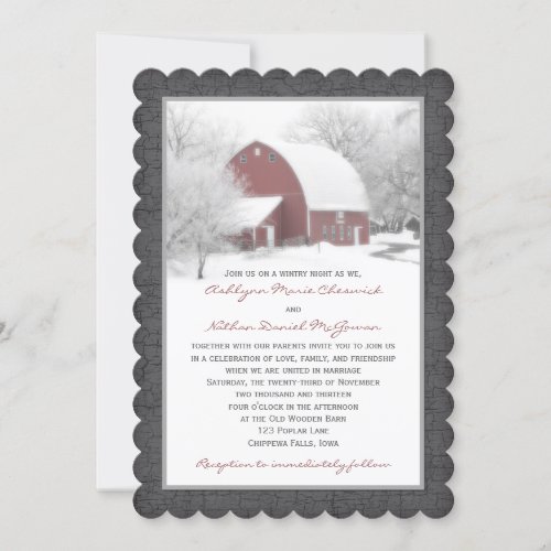 Red Barn in Winter Wedding Invitation 2