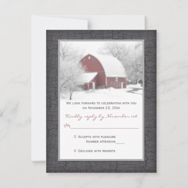 Red Barn in Winter Wedding RSVP Card (Front)