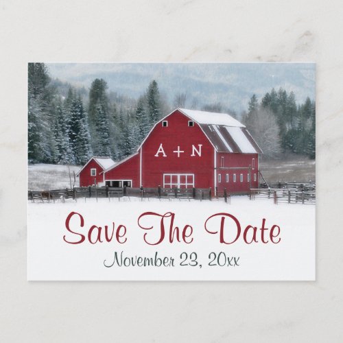 Red Barn in Winter Wedding Save the Date Post Card
