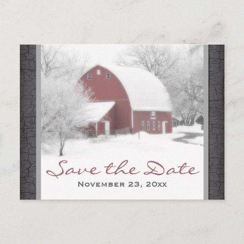 Red Barn in Winter Wedding Save the Date Post Card