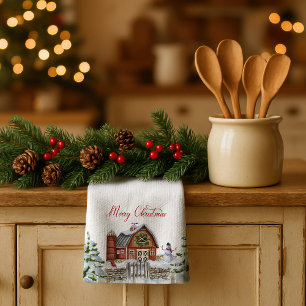 Red Barn Merry Christmas Snow Scene Kitchen Towel