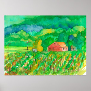 Red Barn Mountain Vineyard Watercolor Poster