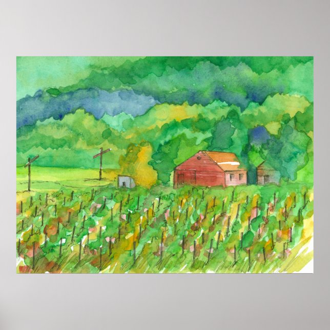 Red Barn Mountain Vineyard Watercolor Poster (Front)