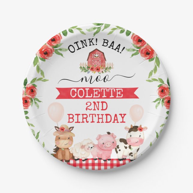 Red Barn Oink Baa Moo Farm Animals Birthday Paper Plates (Front)