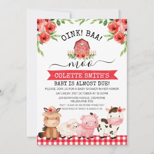 Red Barn Oink Baa Moo Farm Baby Shower Invitation