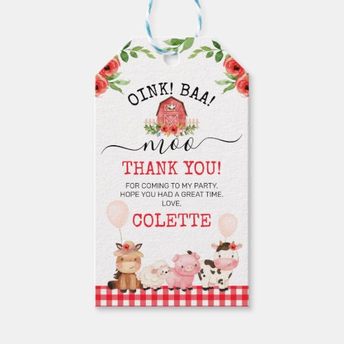 Red Barn Oink Baa Moo Farm Birthday Thank You  Gift Tags