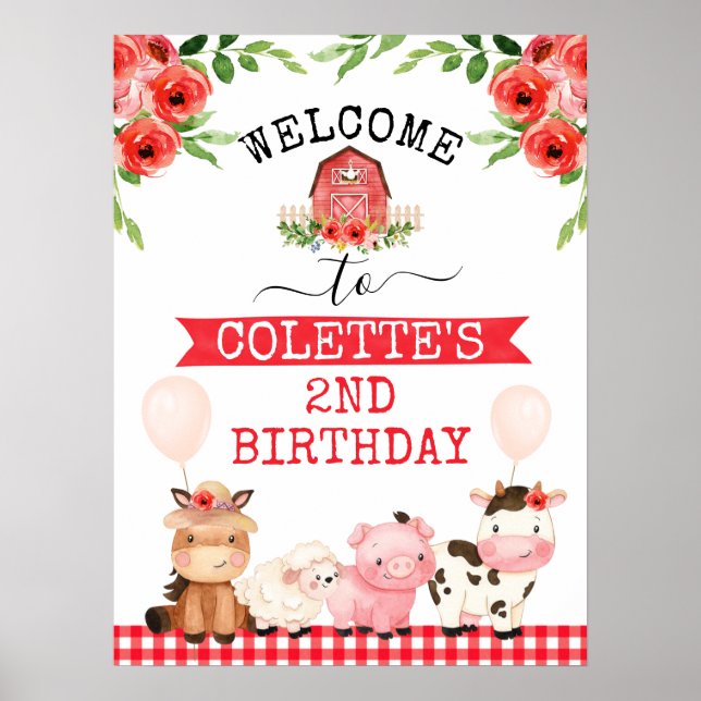 Red Barn Oink Baa Moo Farm Birthday Welcome Sign (Front)