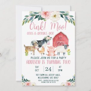 Red Barn Oink Moo Farm Birthday Invitation
