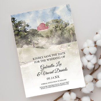 Red Barn On Hill Farm Wedding Watercolor Save Date Invitation by loraseverson at Zazzle