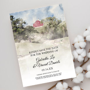 Red Barn on Hill Farm Wedding Watercolor Save Date Invitation