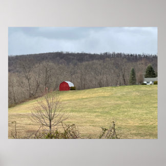 Red Barn on Hill Poster