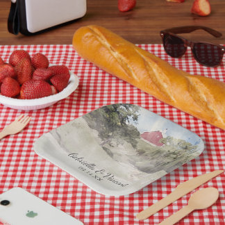 Red Barn on Hillside Country Farm Wedding Paper Plates