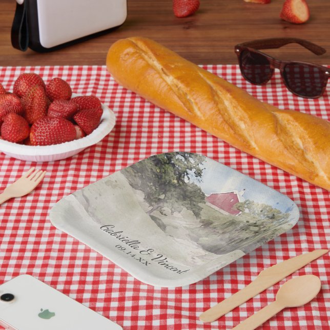 Red Barn on Hillside Country Farm Wedding Paper Plates (Picnic)