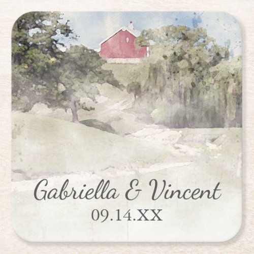 Red Barn on Hillside Country Farm Wedding Square Paper Coaster