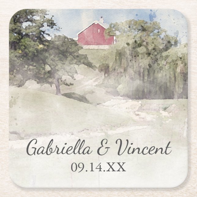 Red Barn on Hillside Country Farm Wedding Square Paper Coaster (Front)