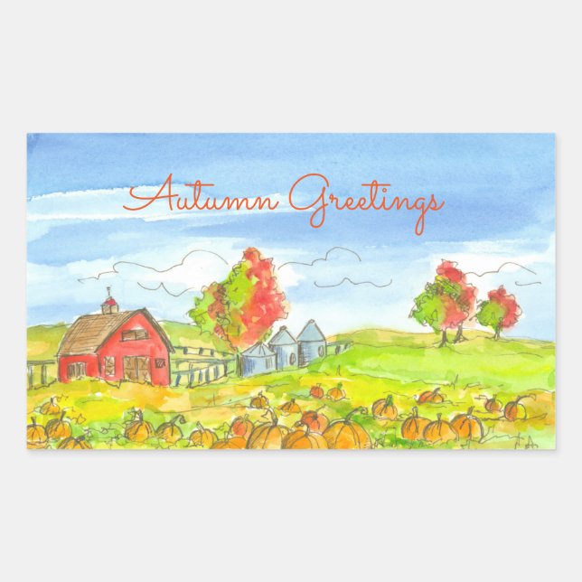 Red Barn Pumpkin Patch Autumn Greetings Rectangular Sticker (Front)