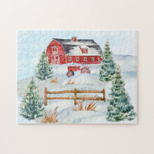Red Barn, Red Tractor, Snow, Pine Trees Farm Scene Jigsaw Puzzle