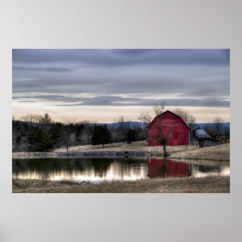 Red Barn Reflection in Water HDR Photo Poster