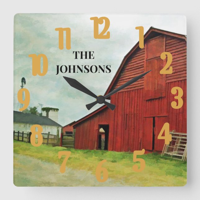 Red Barn Scenic Rustic Country  Square Wall Clock (Front)