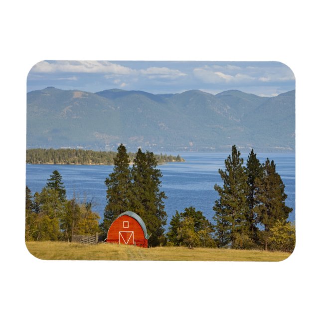 Red barn sits along scenic Flathead Lake near Magnet (Horizontal)