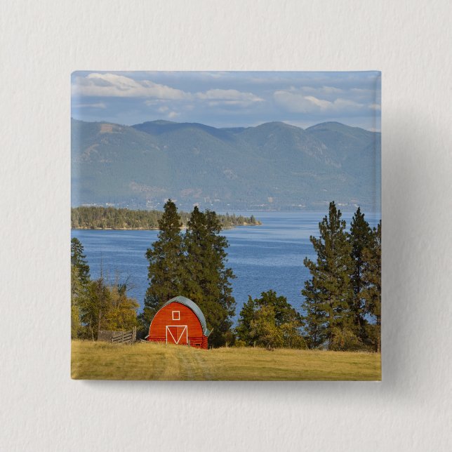 Red barn sits along scenic Flathead Lake near Pinback Button (Front)