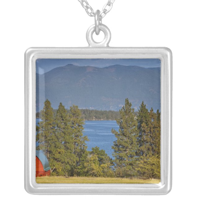 Red barn sits along scenic Flathead Lake near Silver Plated Necklace (Front)
