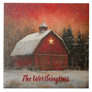 Red Barn & Snow Orange Winter Sunset Farmhouse  Ceramic Tile