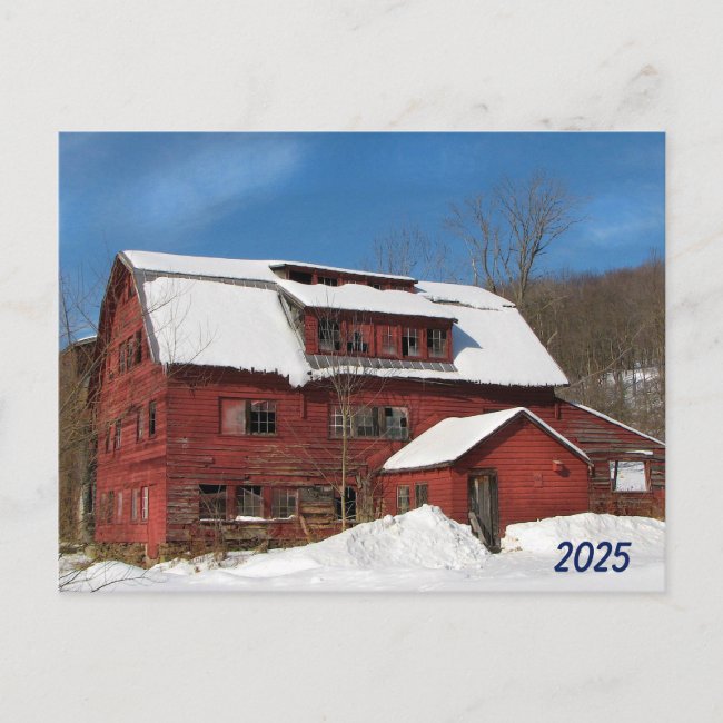 Red Barn Snow with 2025 Calendar on Back Postcard