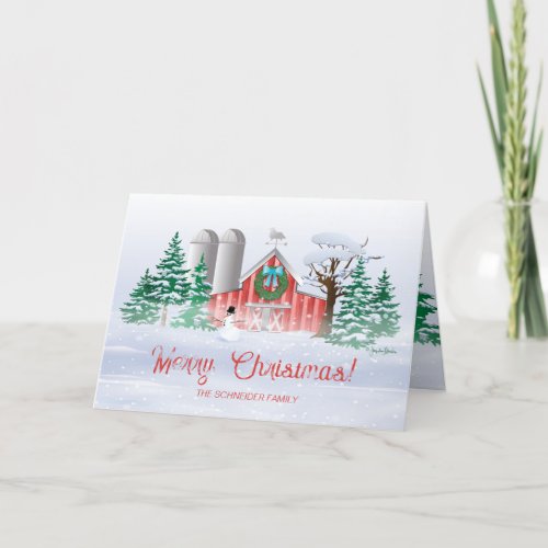 Red Barn Snowman and Snowing Holiday Card