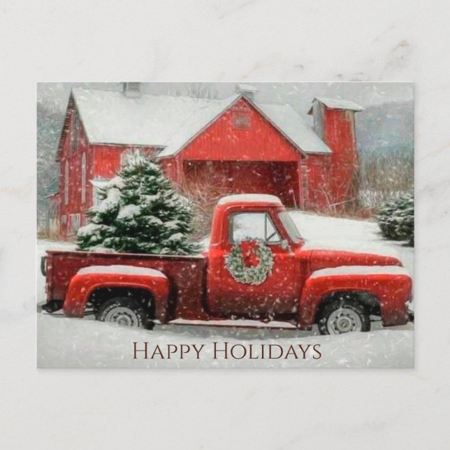 Red Barn, Snowy Landscape, and Festive Tree  Postcard (Front)