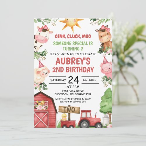 Red Barn Tractor Farm Animals Birthday Invitation
